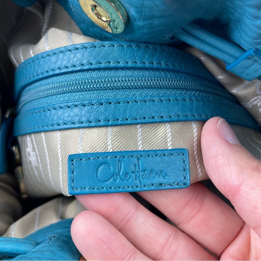 Cole Haan Teal Blue Leather Gold Buckle Purse Handbag Bag Women Designer - Picture 2 of 11